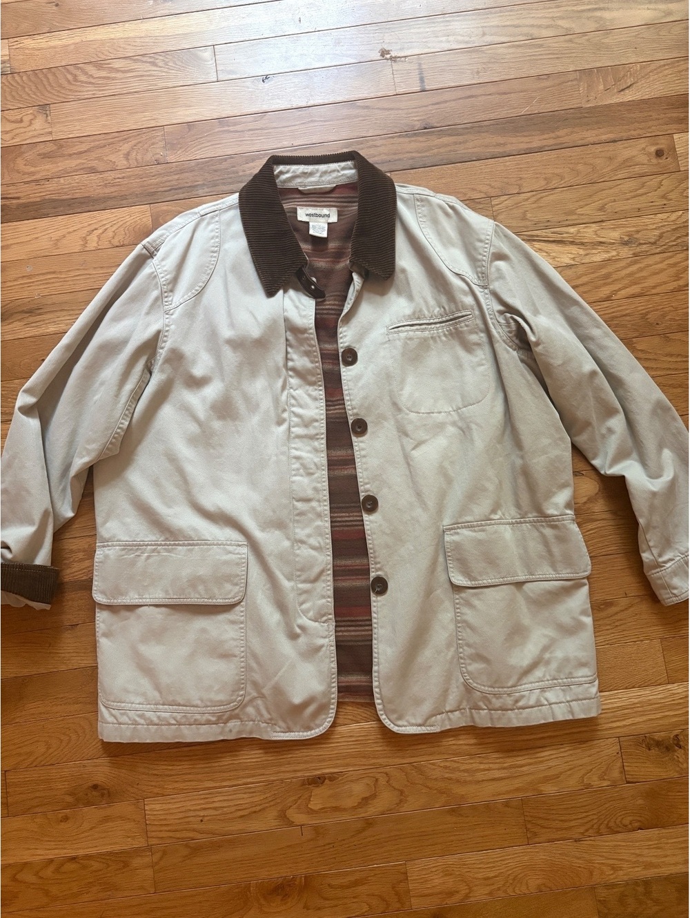 Westbound Men's Cotton Jacket with Corduroy Collar and Striped Lining, Size L